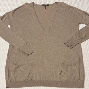 Halston Heritage Cotton Cashmere Deep V-Neck Pocket Sweater Size Large Tan